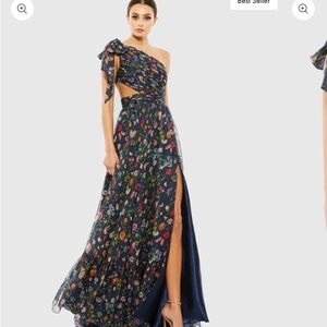 Mac Duggal Navy Tied One Shoulder Cut-Out Flowy Gown